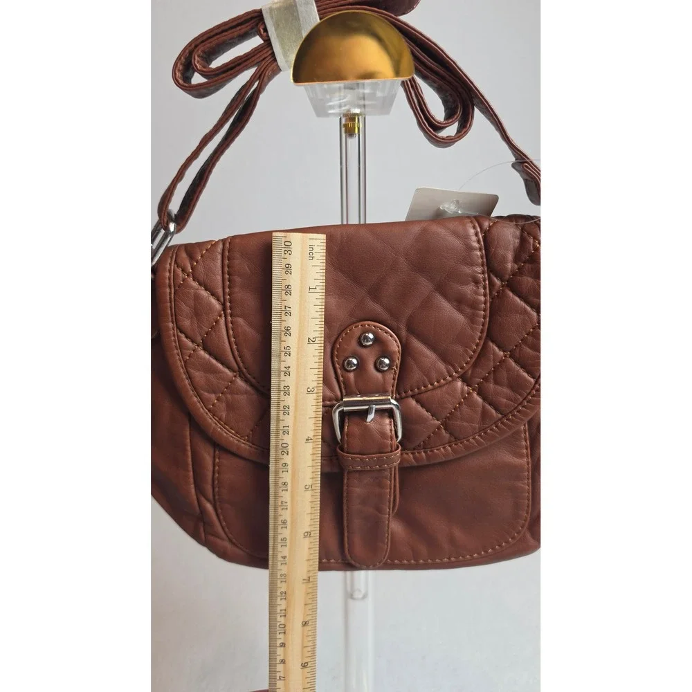 Scarleton Los Angeles Brown Quilted Crossbody Bag Faux Leather Buckle Studs NWT